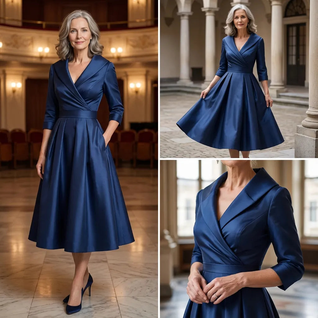 Women's Elegant A-Line Midi Dress with Wrap Bodice