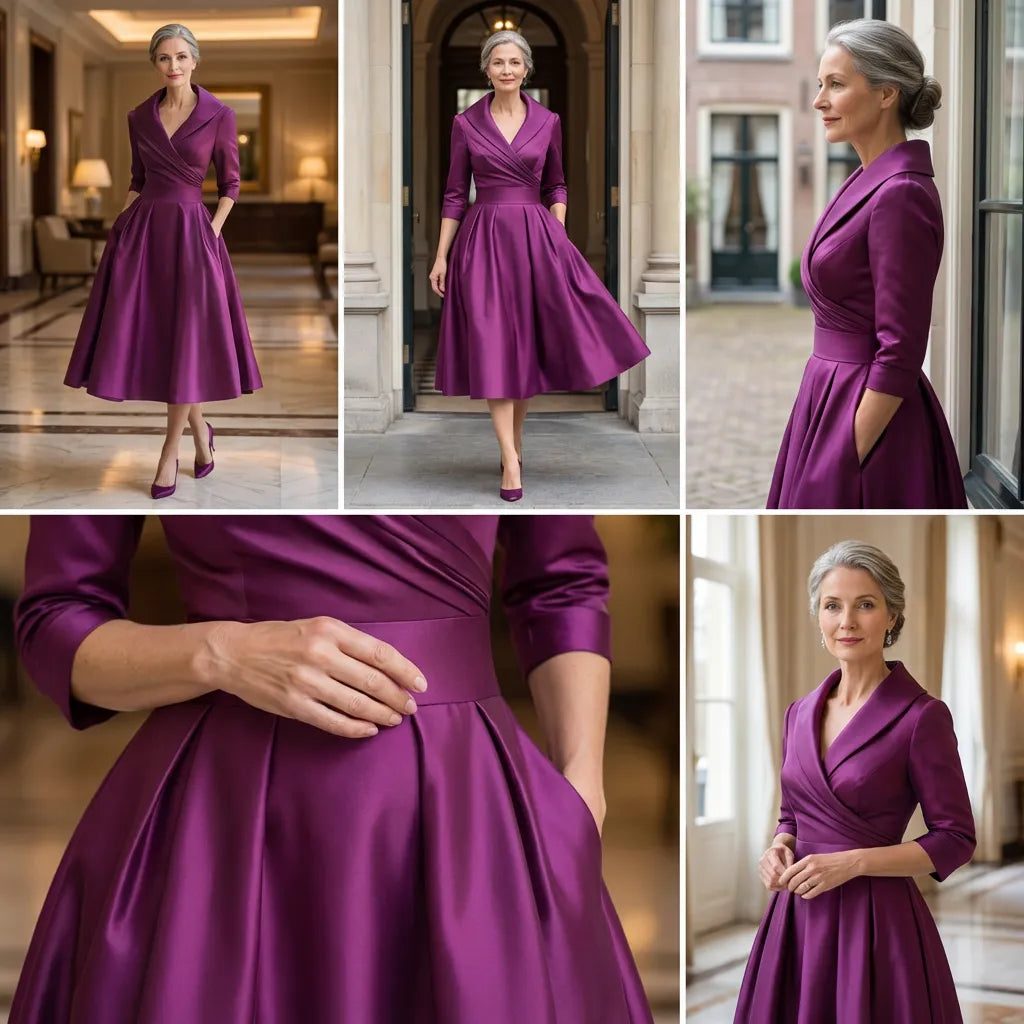 Women's Elegant A-Line Midi Dress with Wrap Bodice