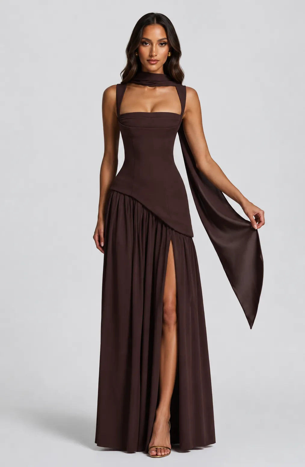 Women's Elegant Draped Satin-Effect Maxi Dress