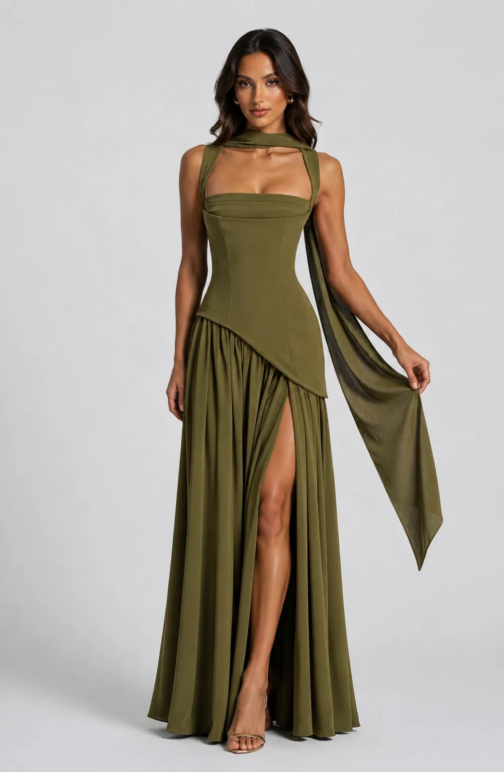 Women's Elegant Draped Satin-Effect Maxi Dress