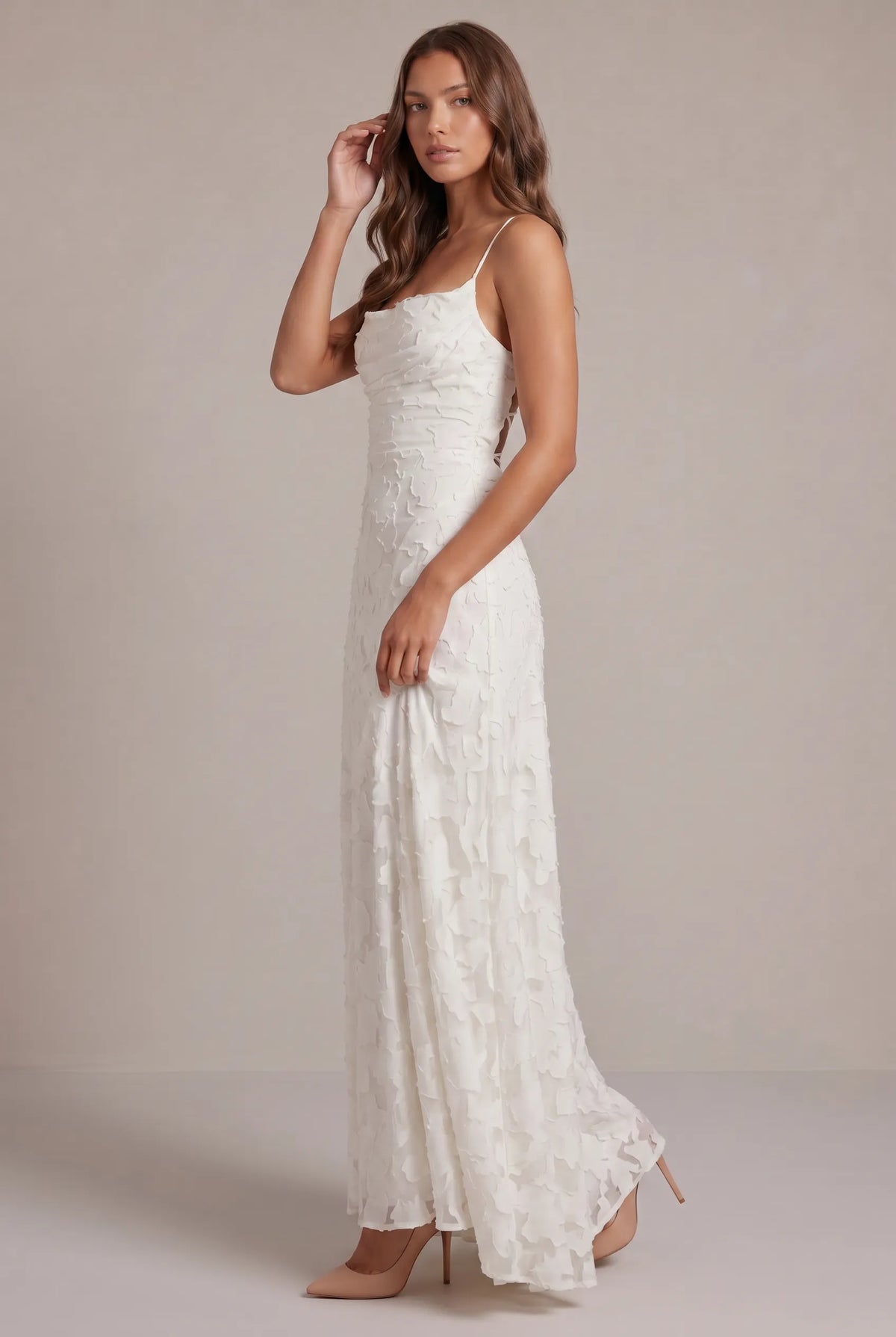 Women's Elegant Floral Textured Maxi Dress with Adjustable Neckline
