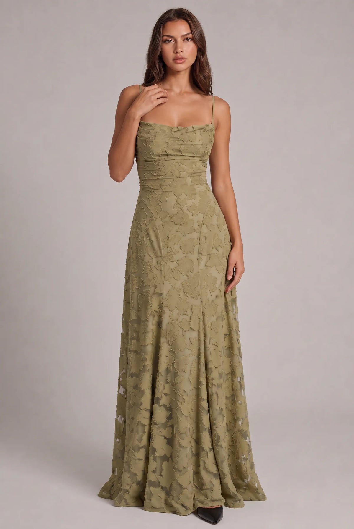 Women's Elegant Floral Textured Maxi Dress with Adjustable Neckline