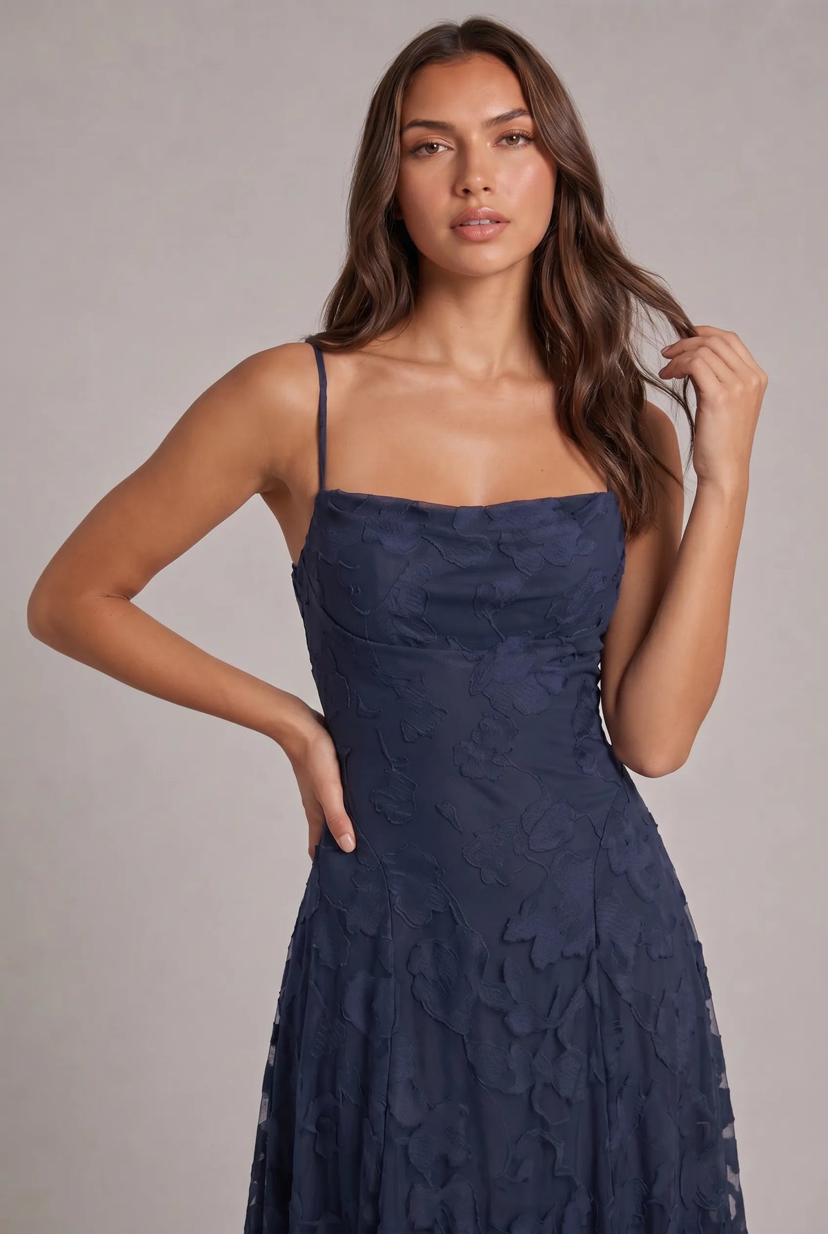 Women's Elegant Floral Textured Maxi Dress with Adjustable Neckline