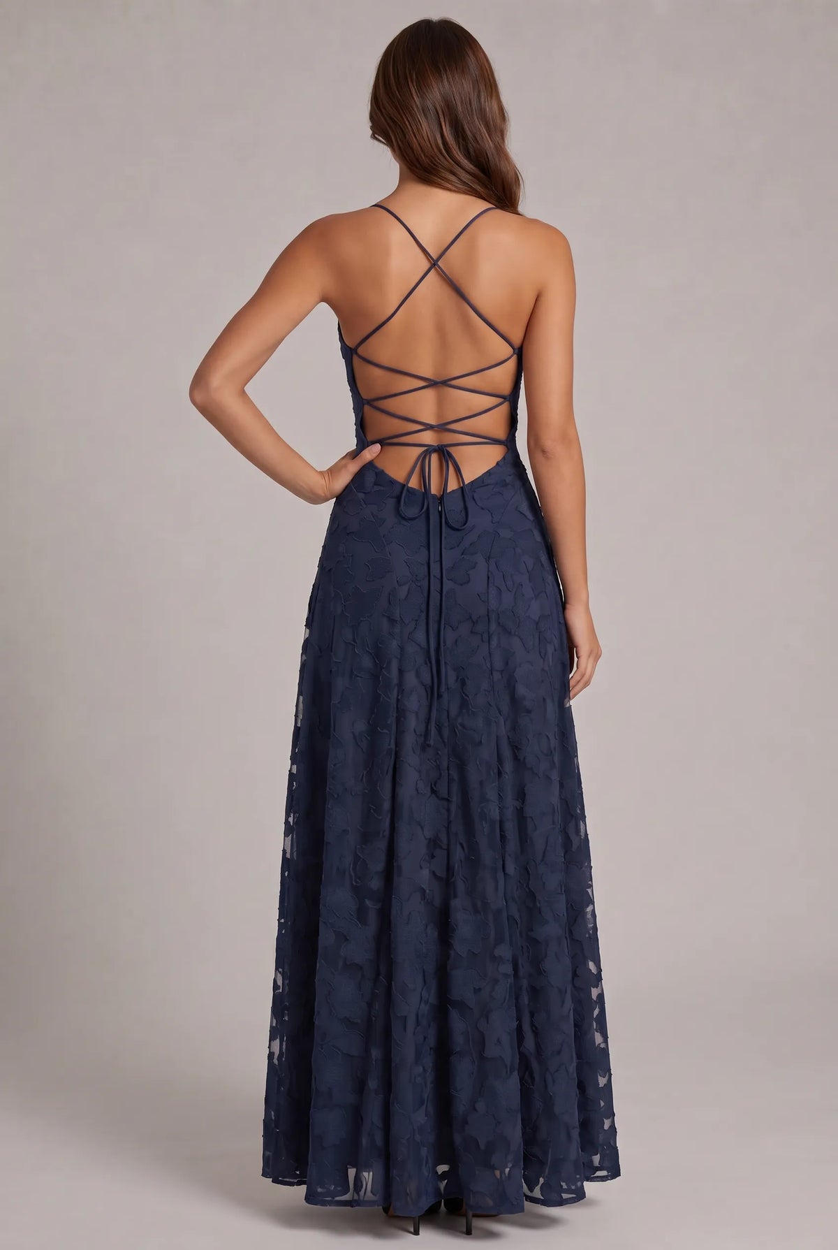 Women's Elegant Floral Textured Maxi Dress with Adjustable Neckline