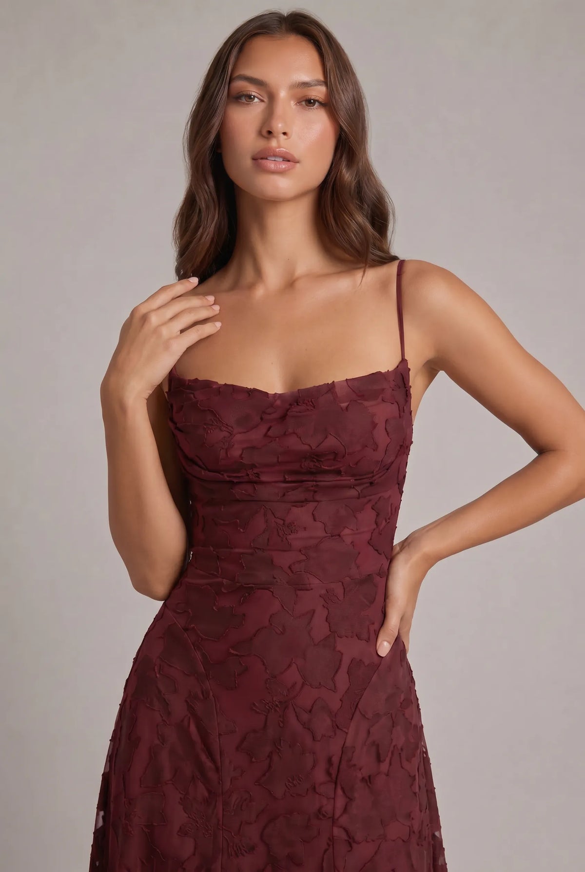 Women's Elegant Floral Textured Maxi Dress with Adjustable Neckline