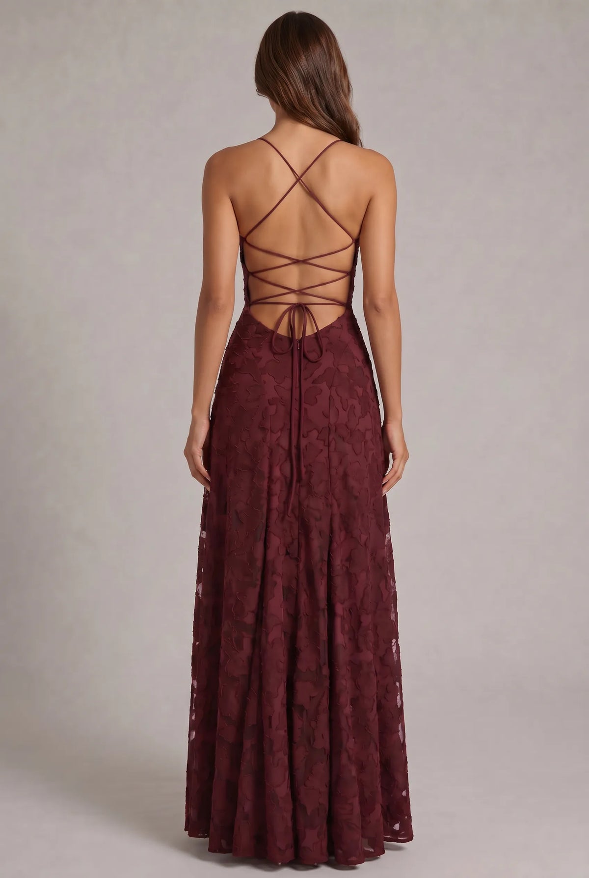 Women's Elegant Floral Textured Maxi Dress with Adjustable Neckline