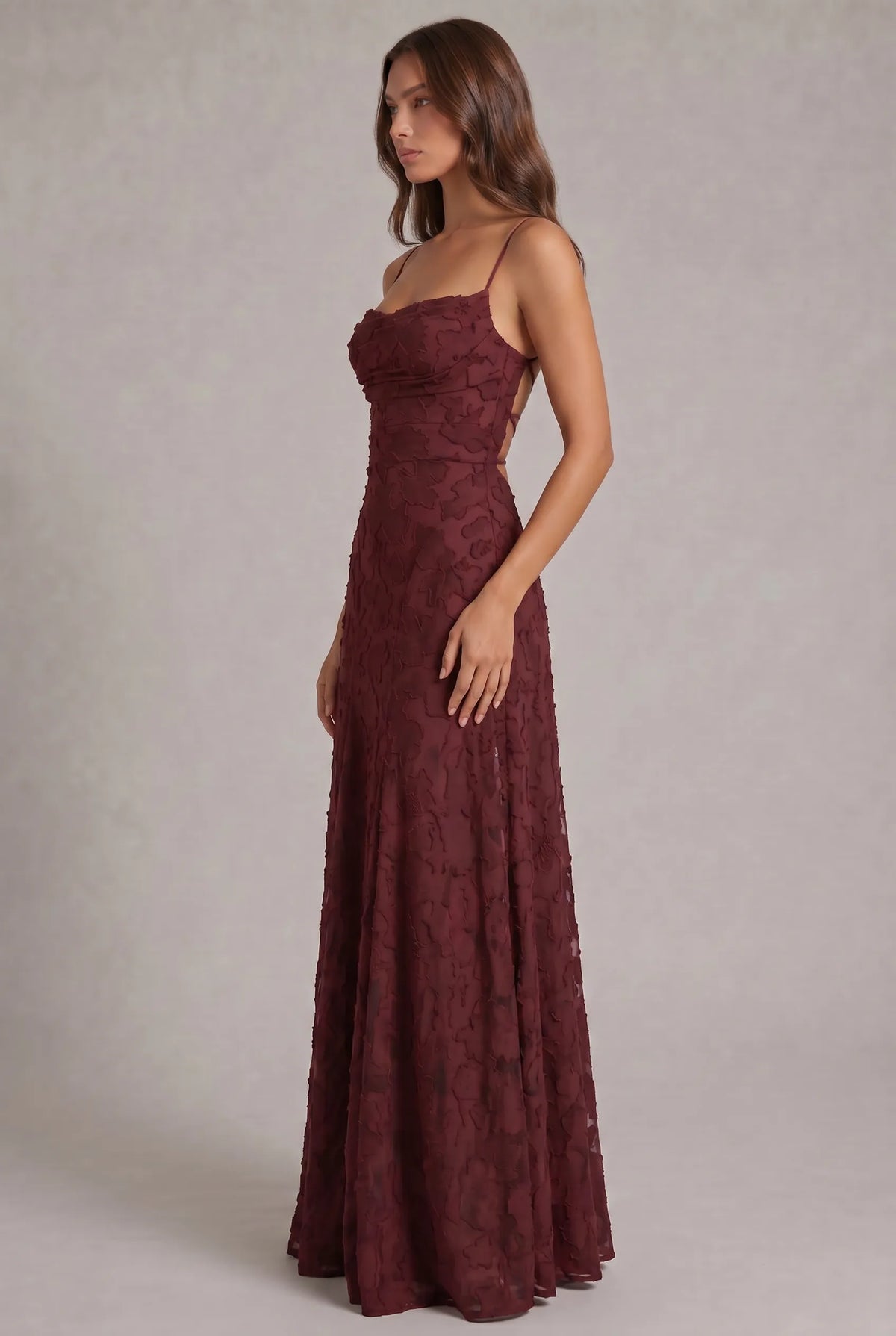 Women's Elegant Floral Textured Maxi Dress with Adjustable Neckline