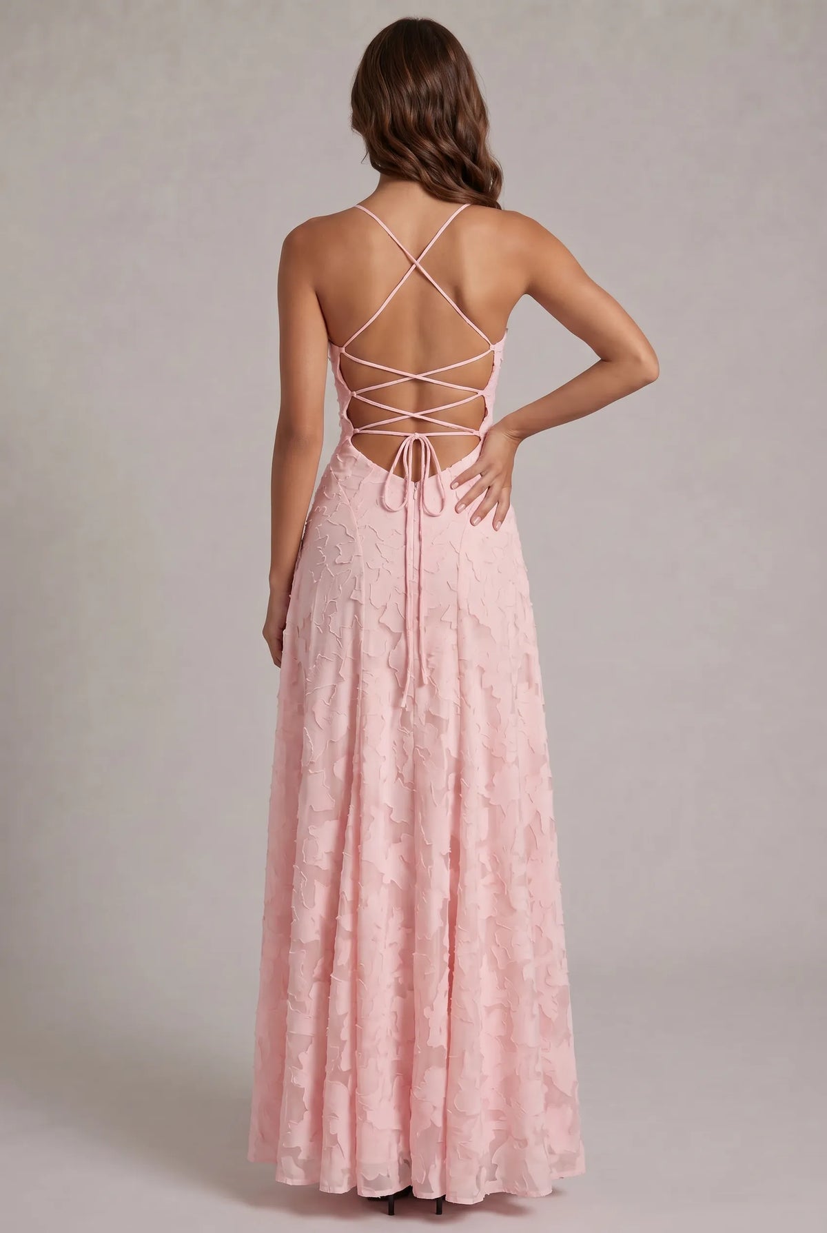 Women's Elegant Floral Textured Maxi Dress with Adjustable Neckline
