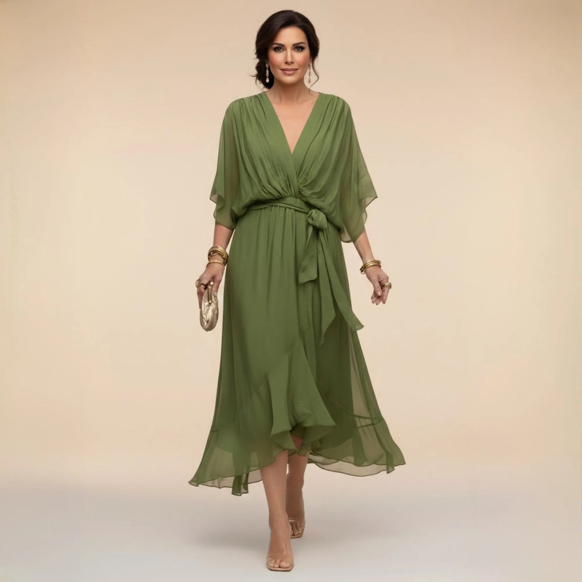 Women's Elegant Flowy Midi Dress with V-Neck and Tie Waist