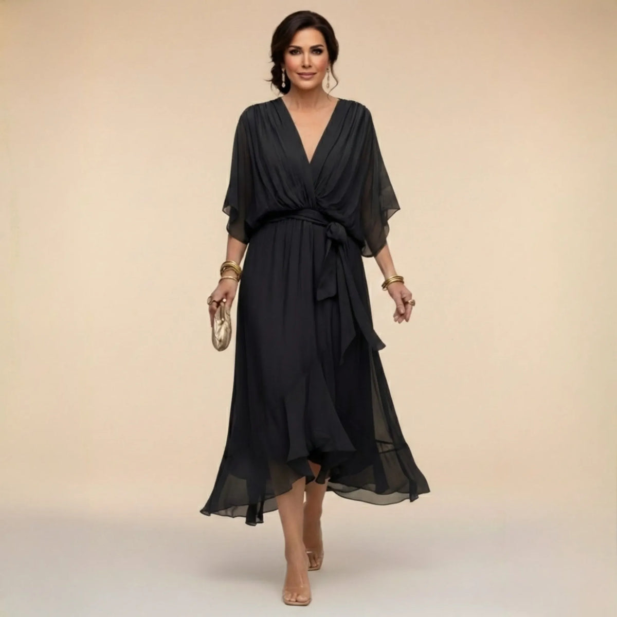Women's Elegant Flowy Midi Dress with V-Neck and Tie Waist