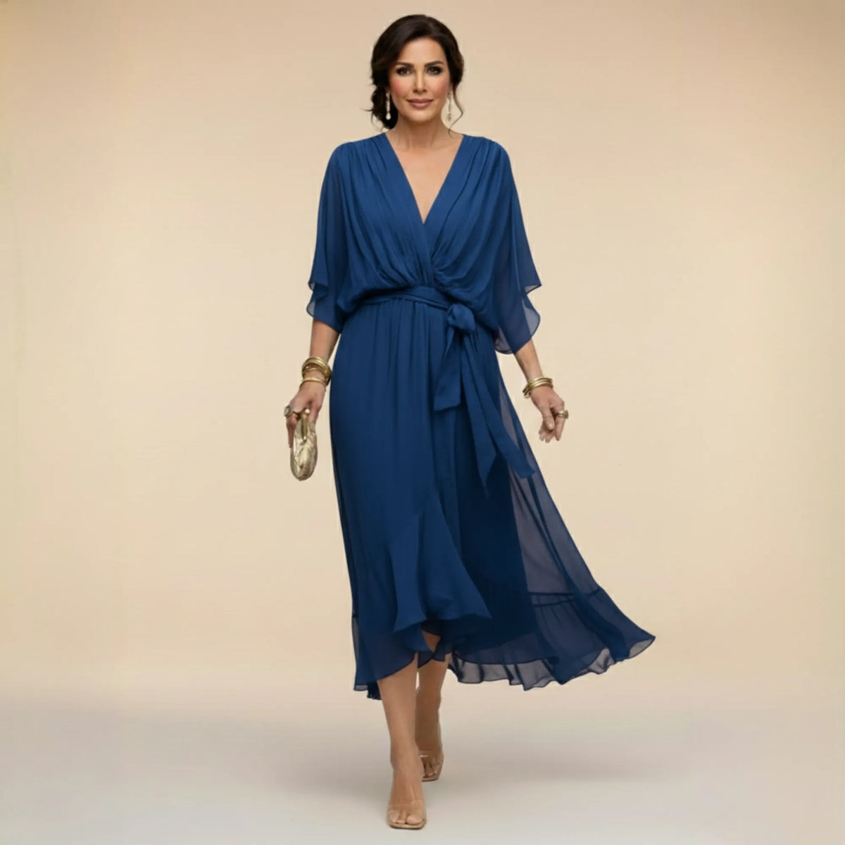 Women's Elegant Flowy Midi Dress with V-Neck and Tie Waist