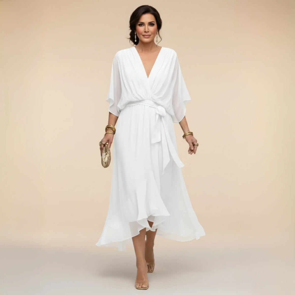 Women's Elegant Flowy Midi Dress with V-Neck and Tie Waist