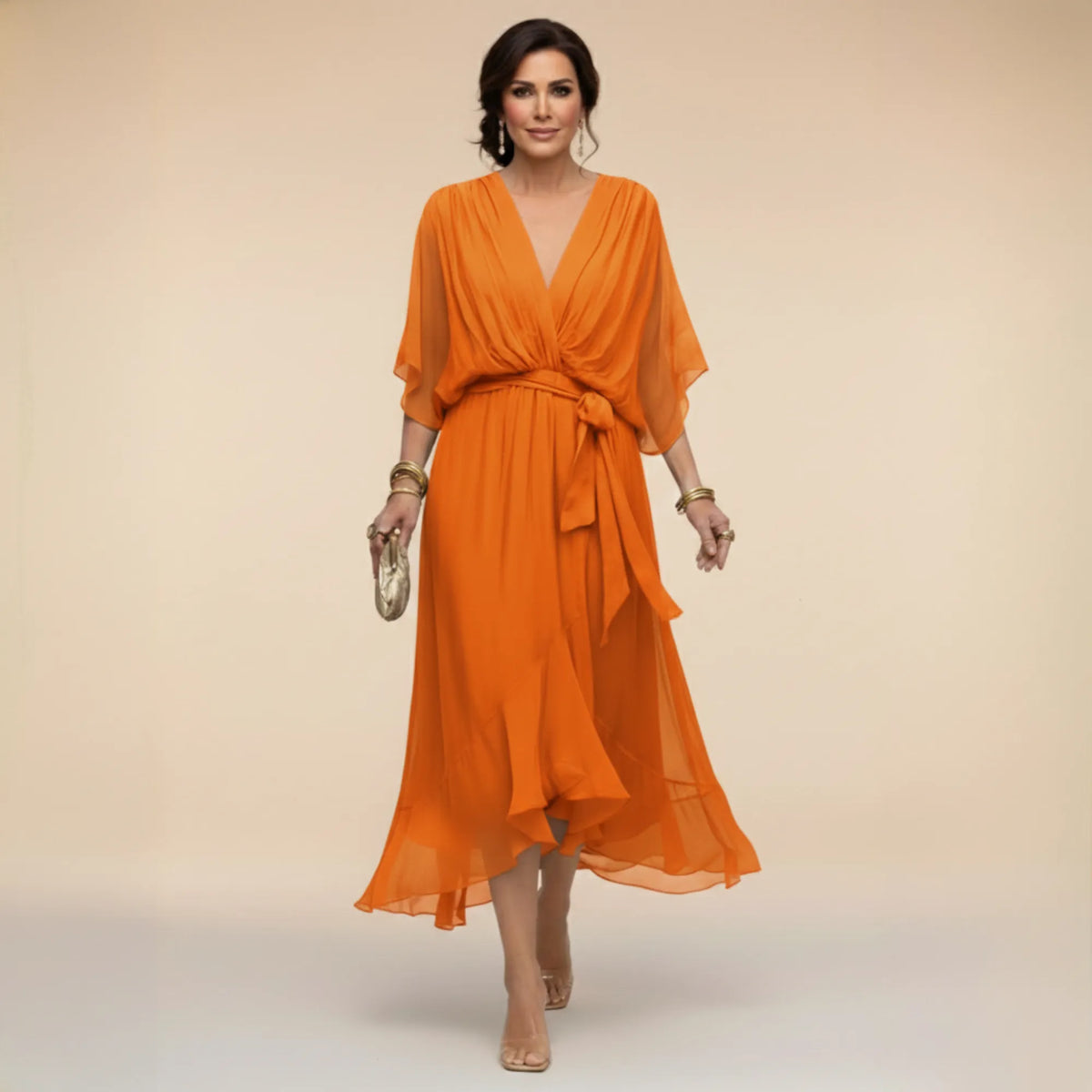 Women's Elegant Flowy Midi Dress with V-Neck and Tie Waist