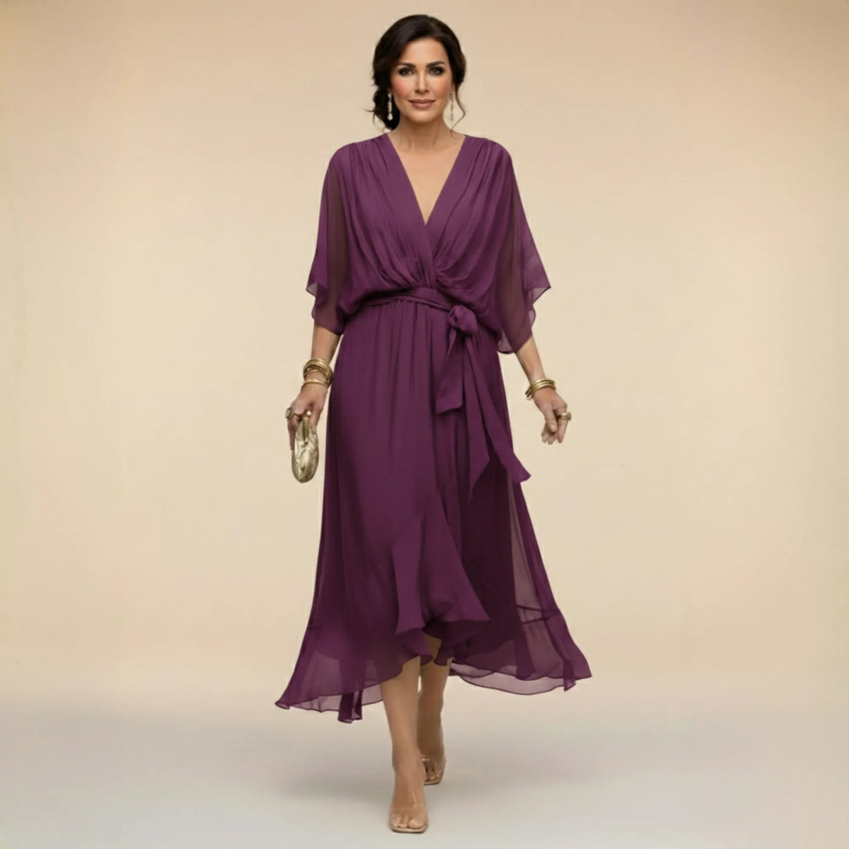 Women's Elegant Flowy Midi Dress with V-Neck and Tie Waist