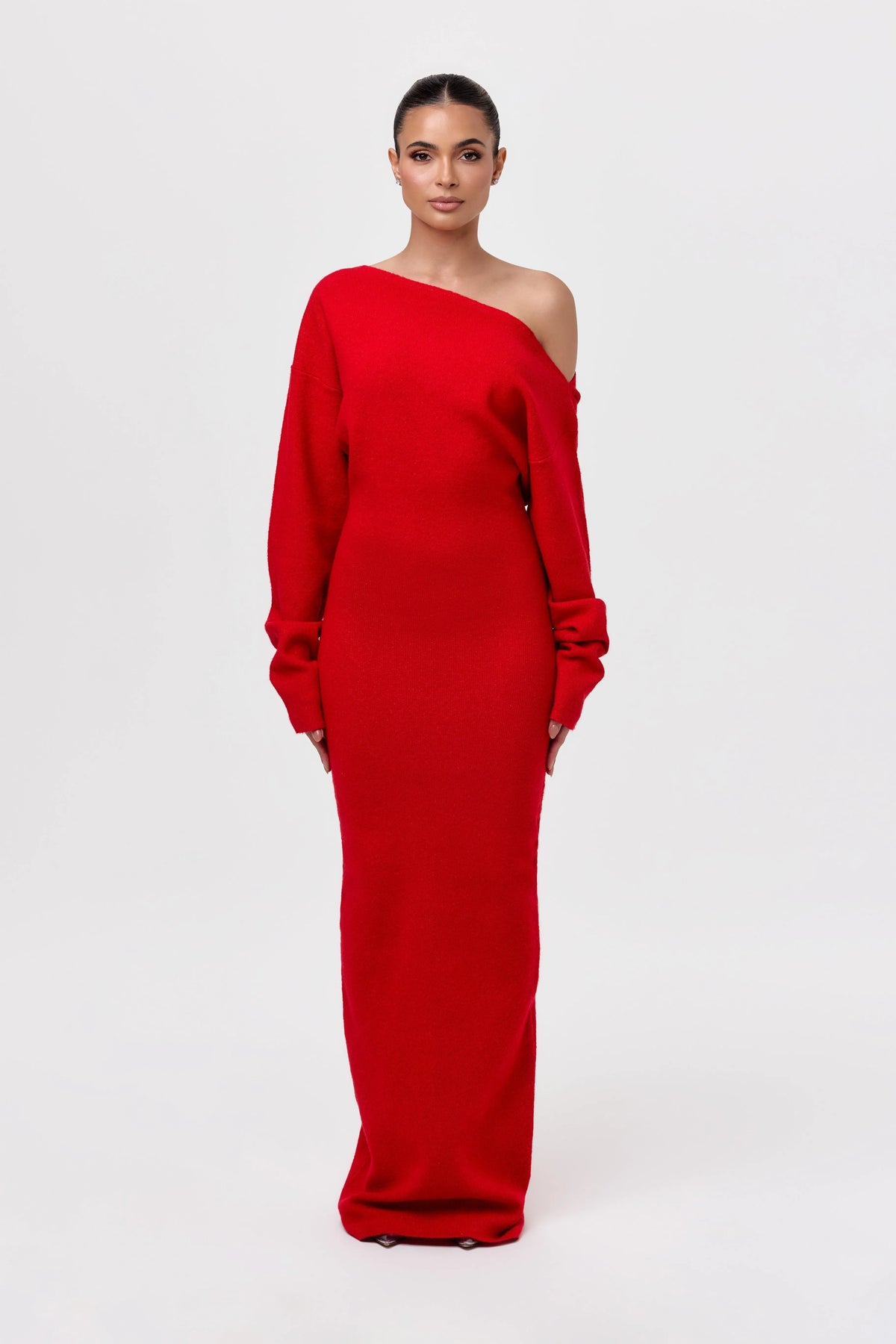 Women's Elegant Knit Maxi Dress with Off-Shoulder Neckline