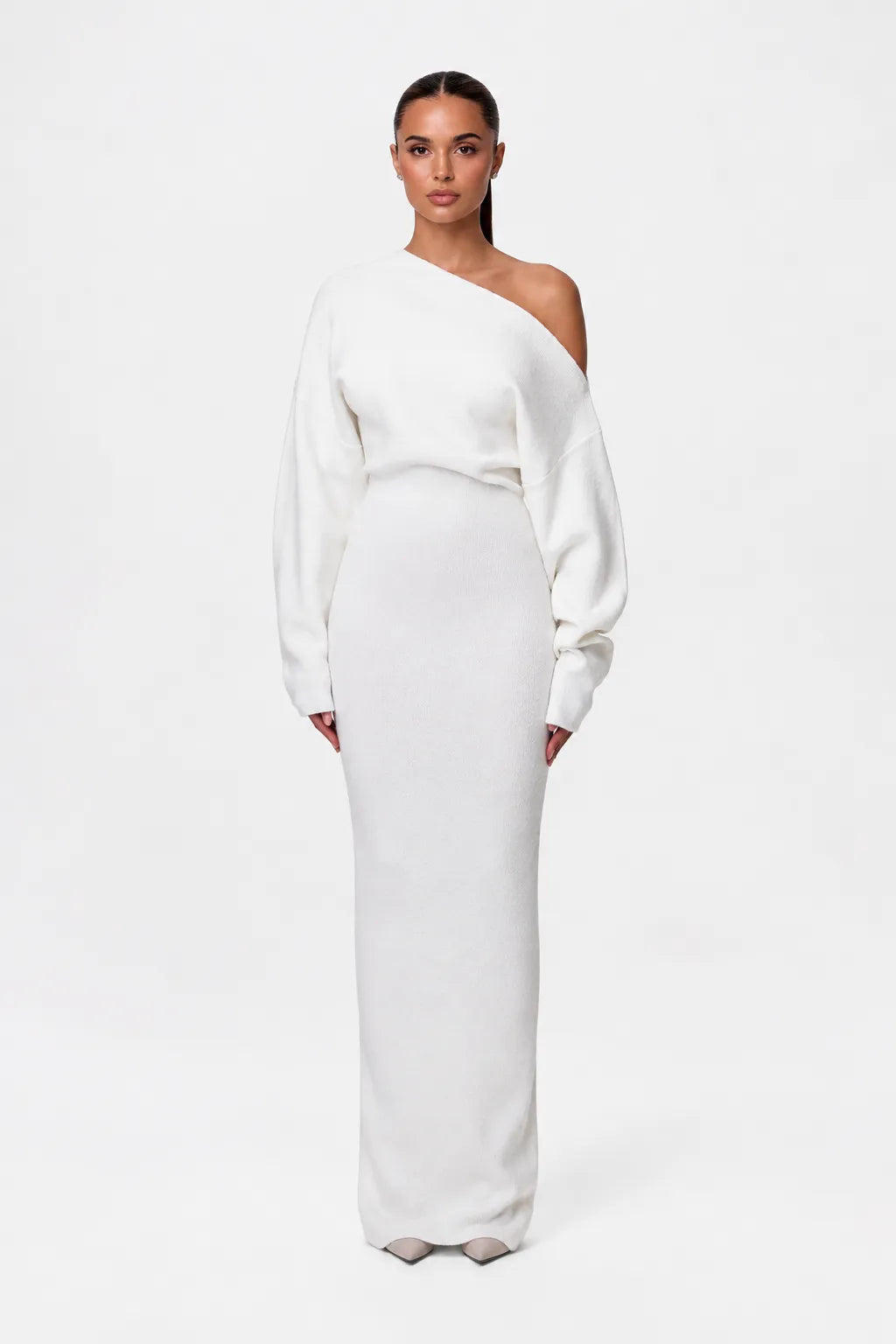 Women's Elegant Knit Maxi Dress with Off-Shoulder Neckline