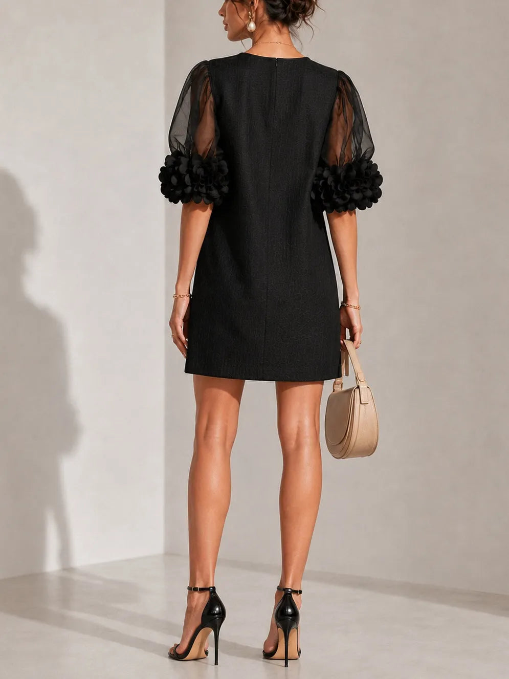 Women's Elegant Short Dress with Sheer Sleeves
