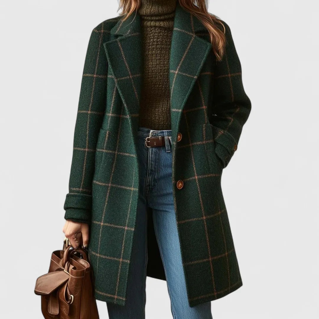 Women's Elegant Tailored Plaid Coat in Dark Green