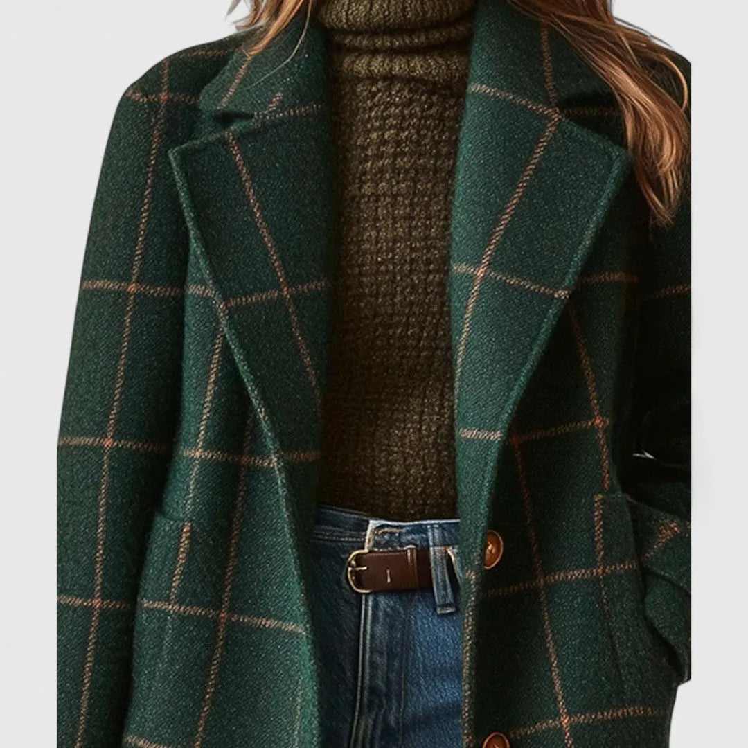 Women's Elegant Tailored Plaid Coat in Dark Green