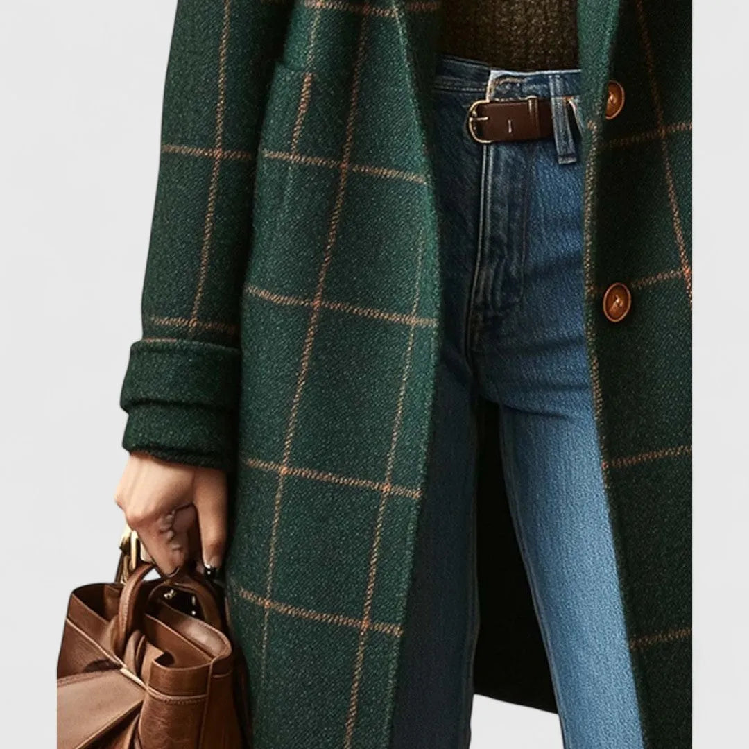 Women's Elegant Tailored Plaid Coat in Dark Green
