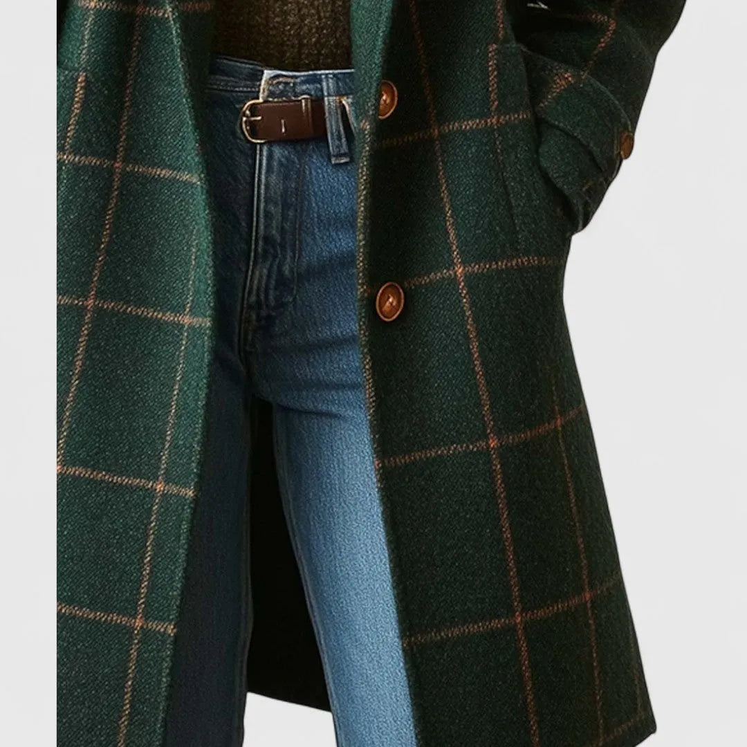 Women's Elegant Tailored Plaid Coat in Dark Green