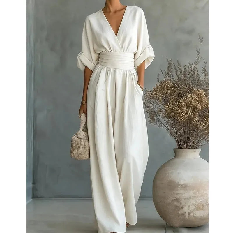 Women's Elegant V-Neck Wide Leg Jumpsuit