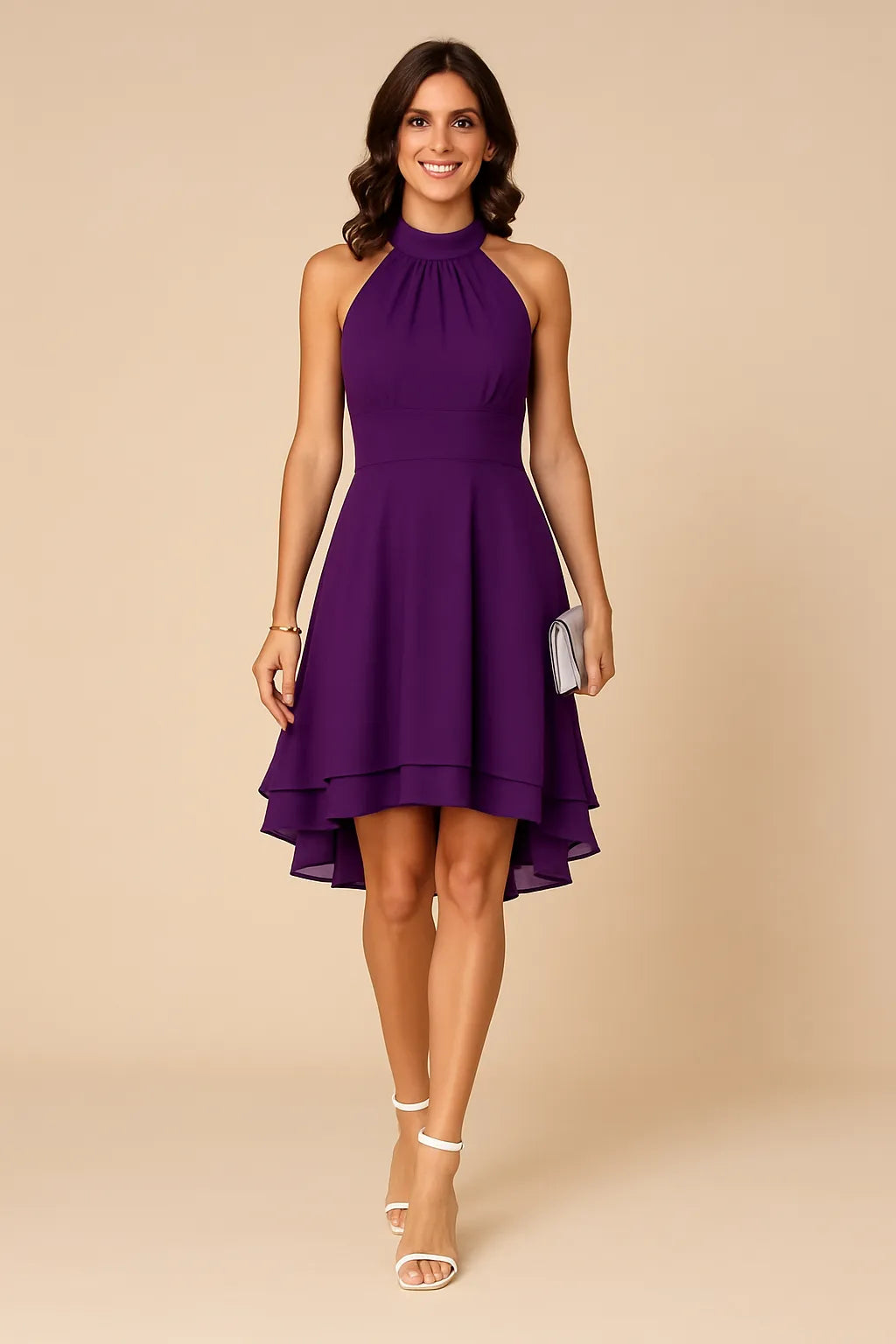 Women's Flared Hem Wedding Guest Dress with High Neckline