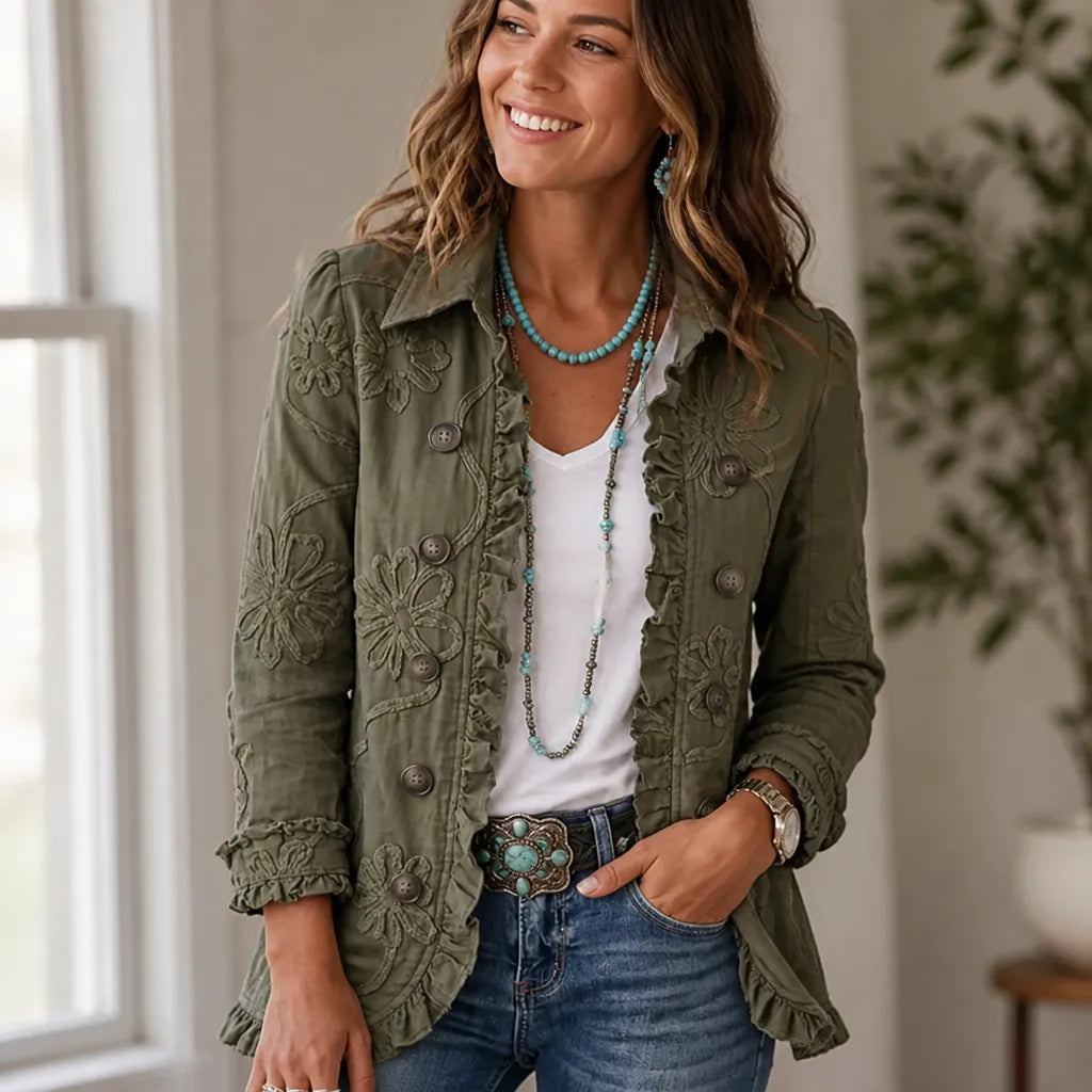 Women's Floral Embroidered Utility Jacket with Ruffle Hem