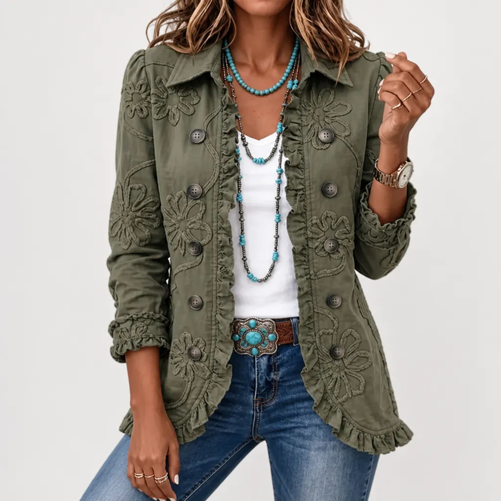 Women's Floral Embroidered Utility Jacket with Ruffle Hem