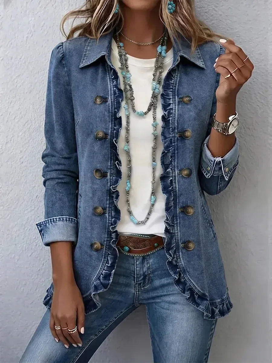 Women's Floral Embroidered Utility Jacket with Ruffle Hem
