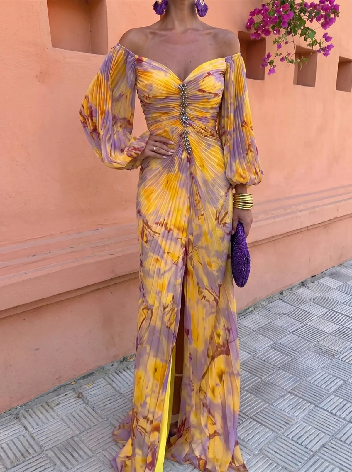 Women's Floral Maxi Dress with Off-Shoulder Neckline