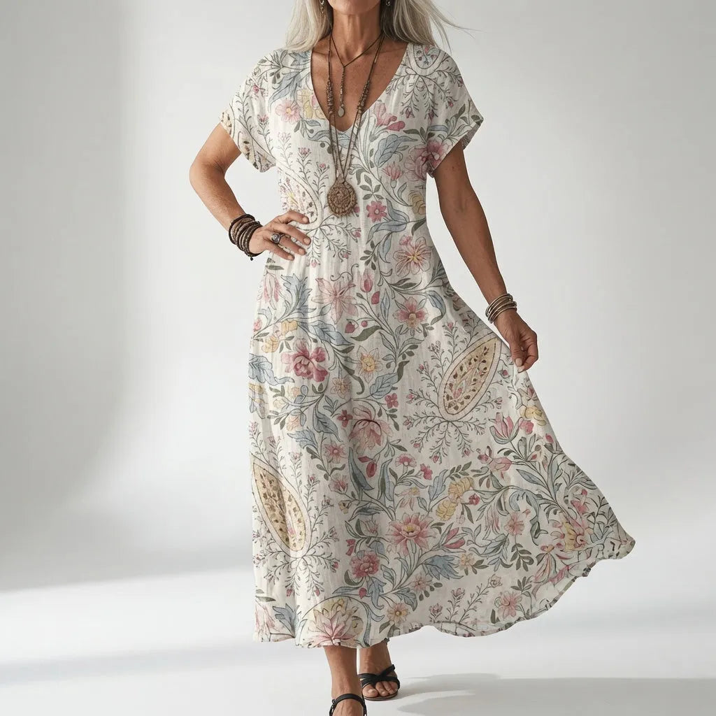Women's Floral Midi Summer Dress with V-Neck and Flowing Fit