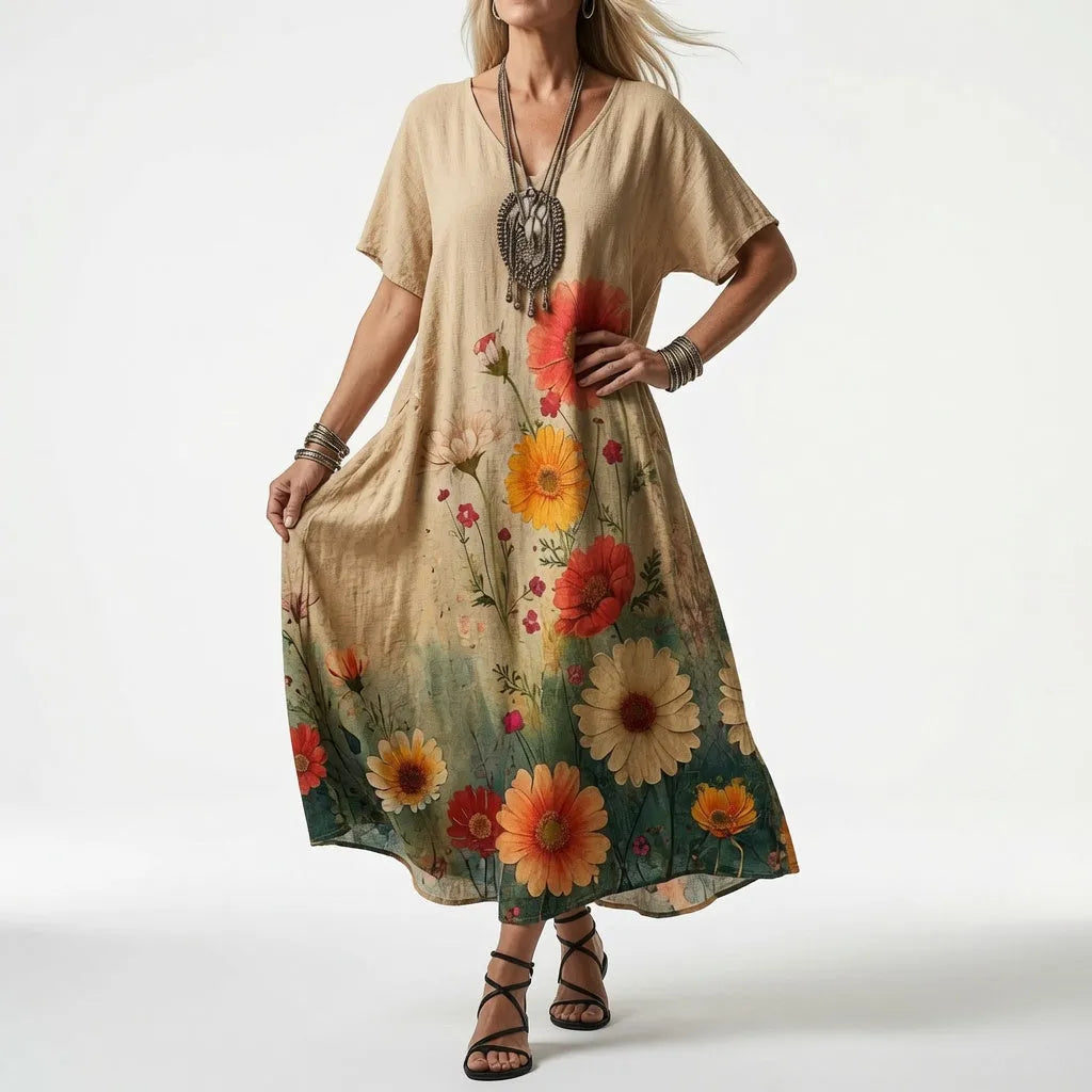 Women's Floral Midi Summer Dress with V-Neck and Flowing Fit