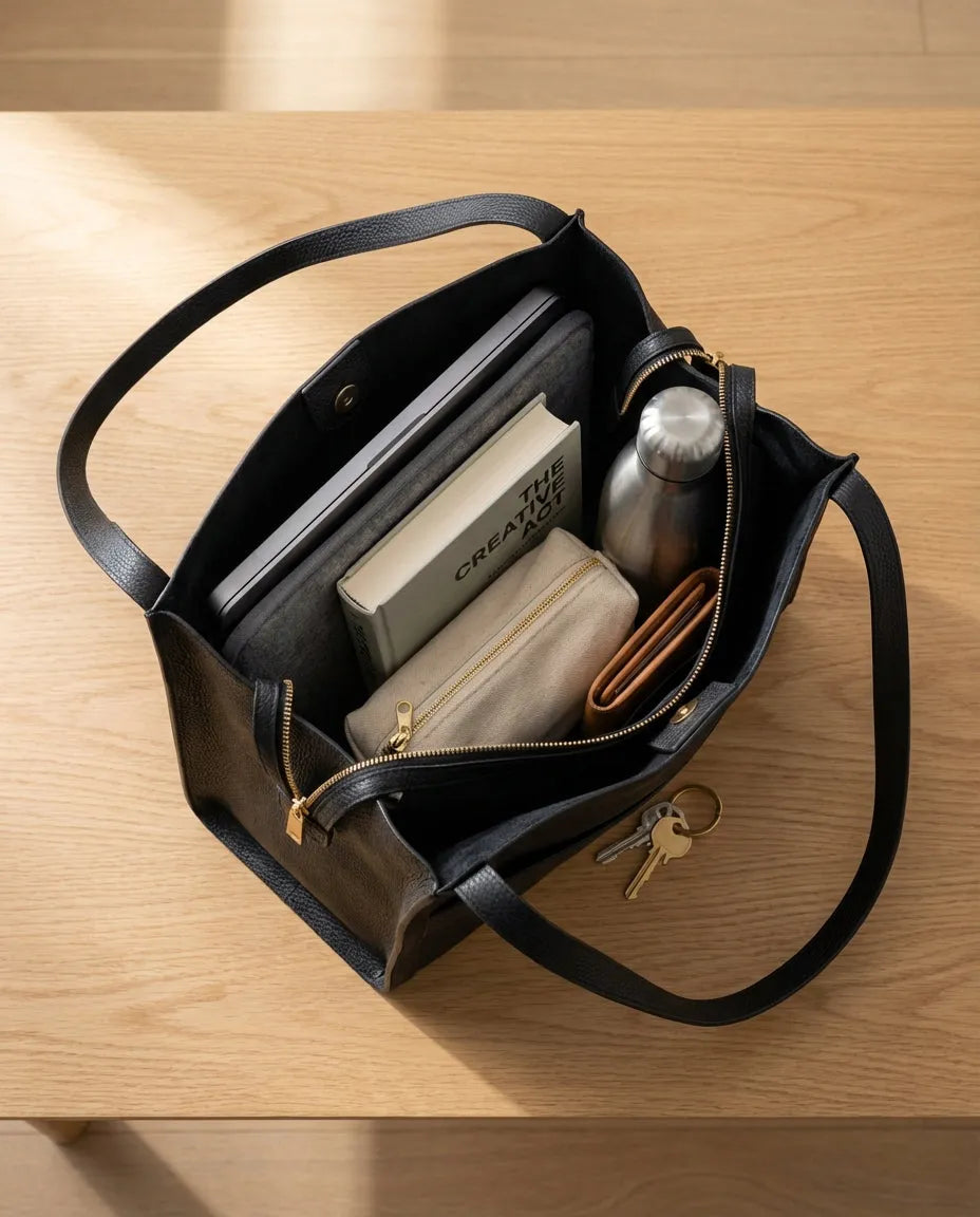 Women's Full-Grain Leather Tote Bag with Shoulder Straps