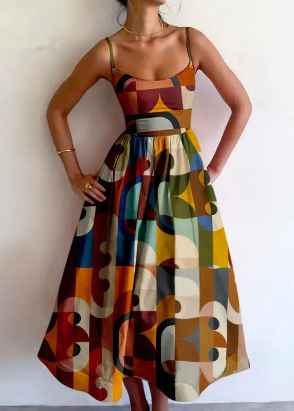 Women's Geometric Print Midi Dress with Spaghetti Straps