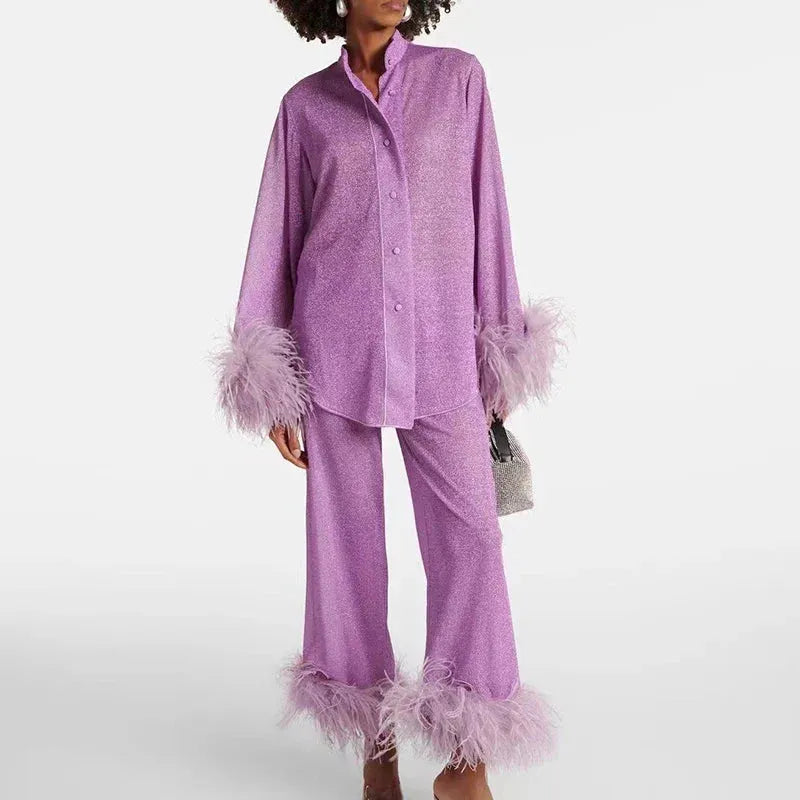Women's Glitter Two-Piece Outfit Set with Feather Trim