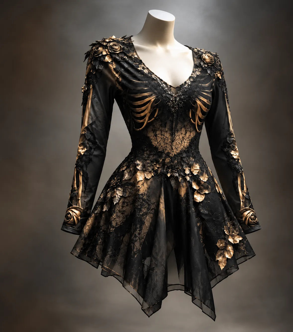 Women's Gothic Long Sleeve V-Neck Mini Dress with Bone Detail