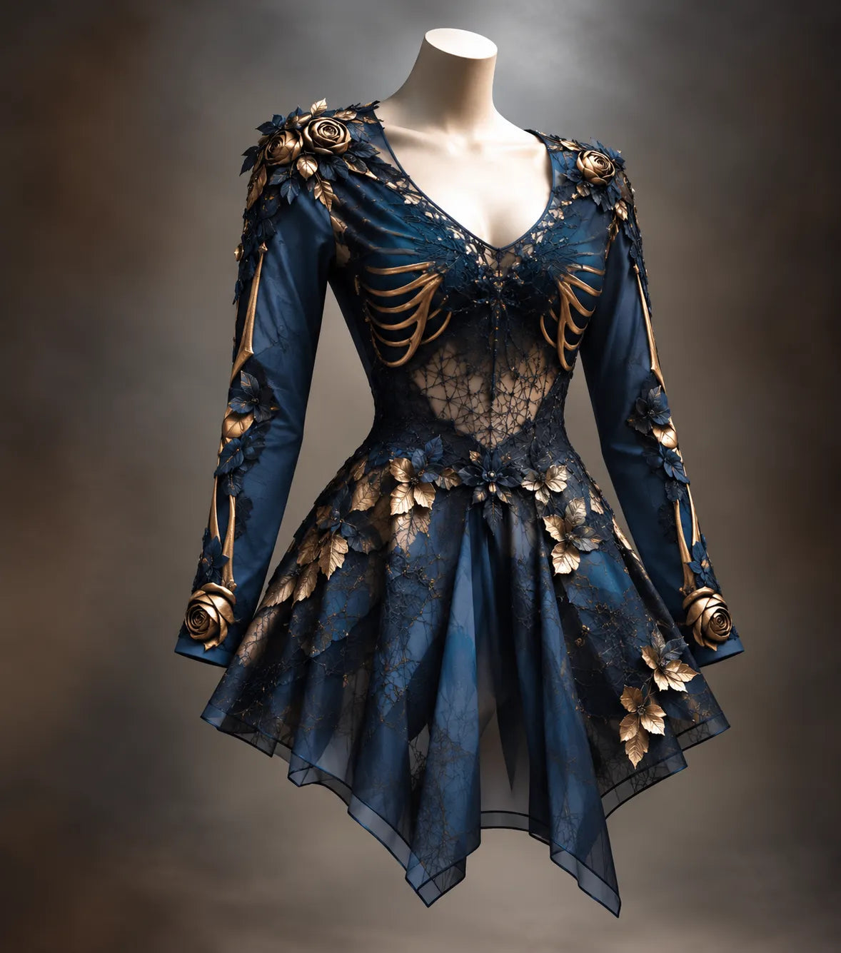 Women's Gothic Long Sleeve V-Neck Mini Dress with Bone Detail