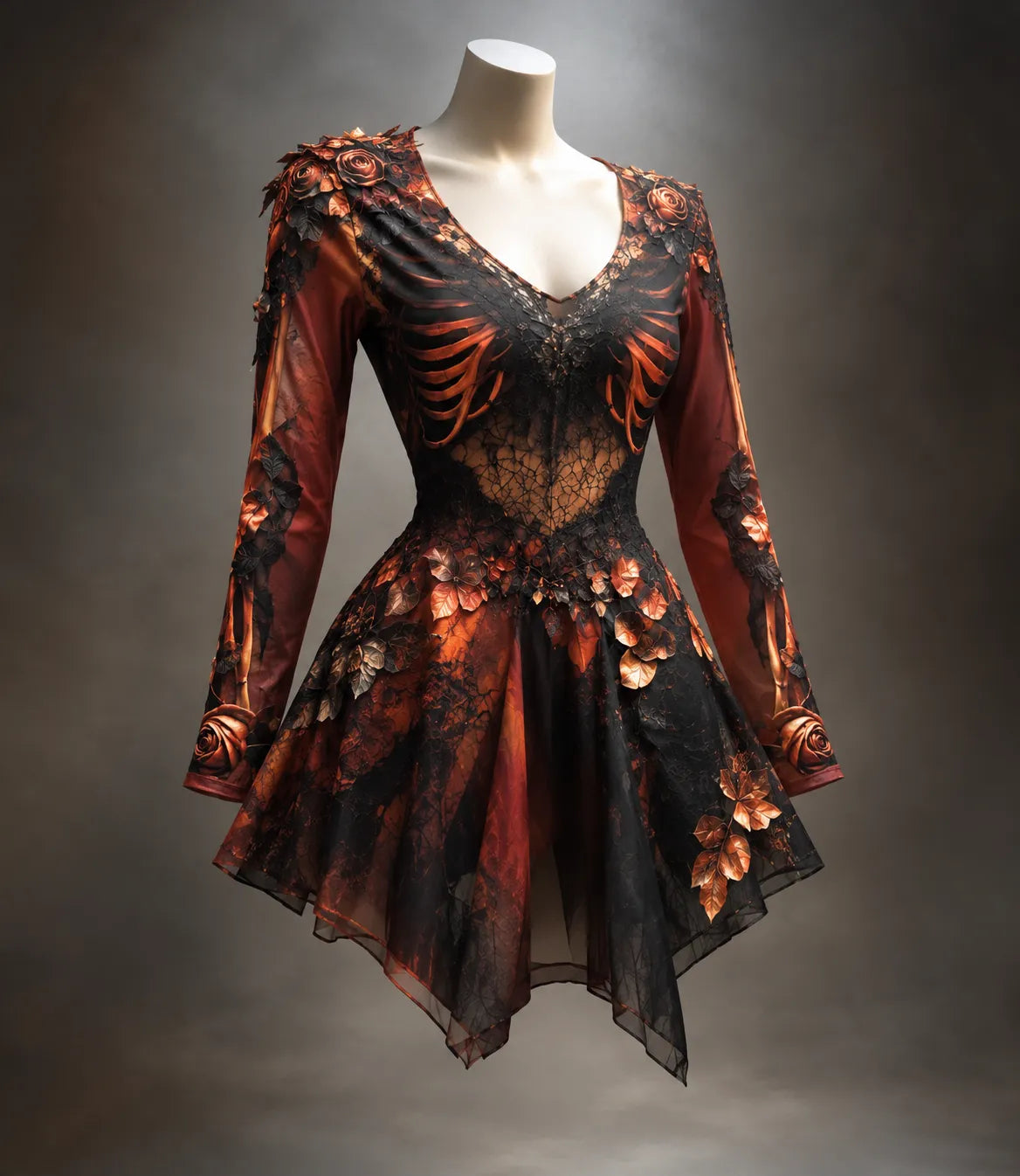 Women's Gothic Long Sleeve V-Neck Mini Dress with Bone Detail