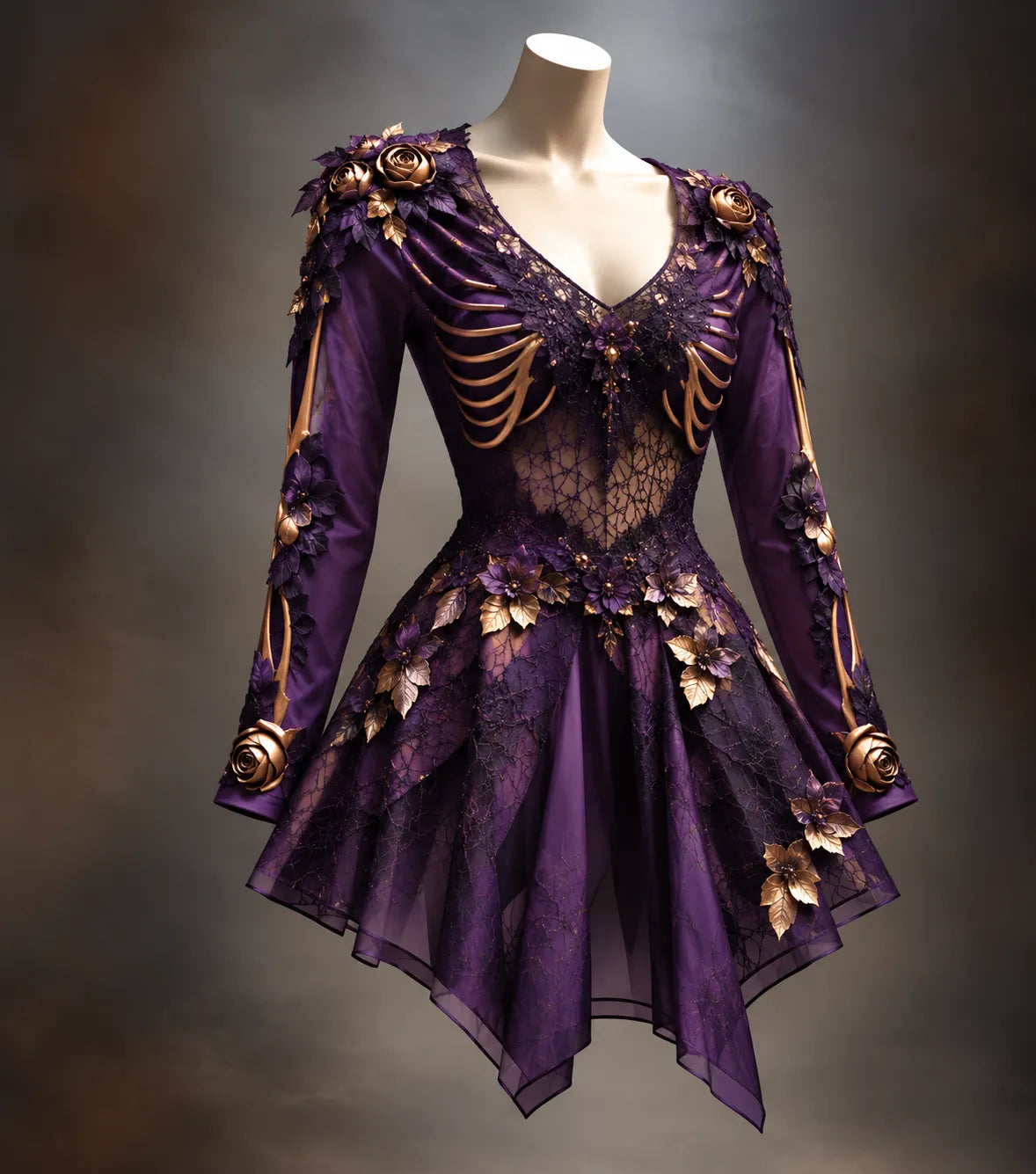 Women's Gothic Long Sleeve V-Neck Mini Dress with Bone Detail
