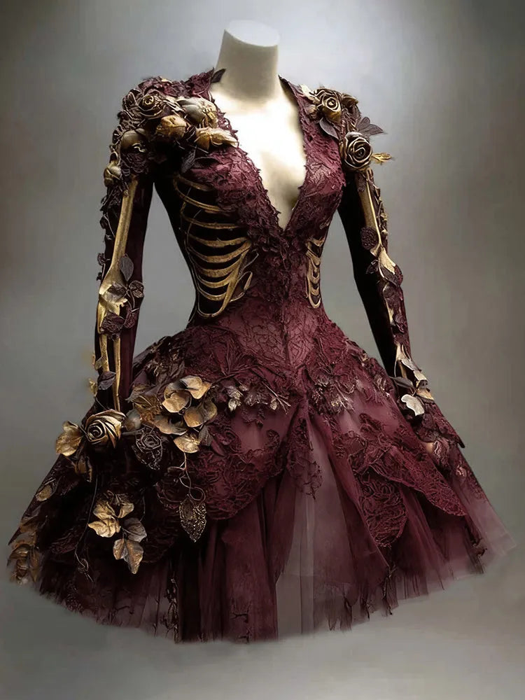 Women's Gothic Skeleton Long-Sleeve Mini Dress