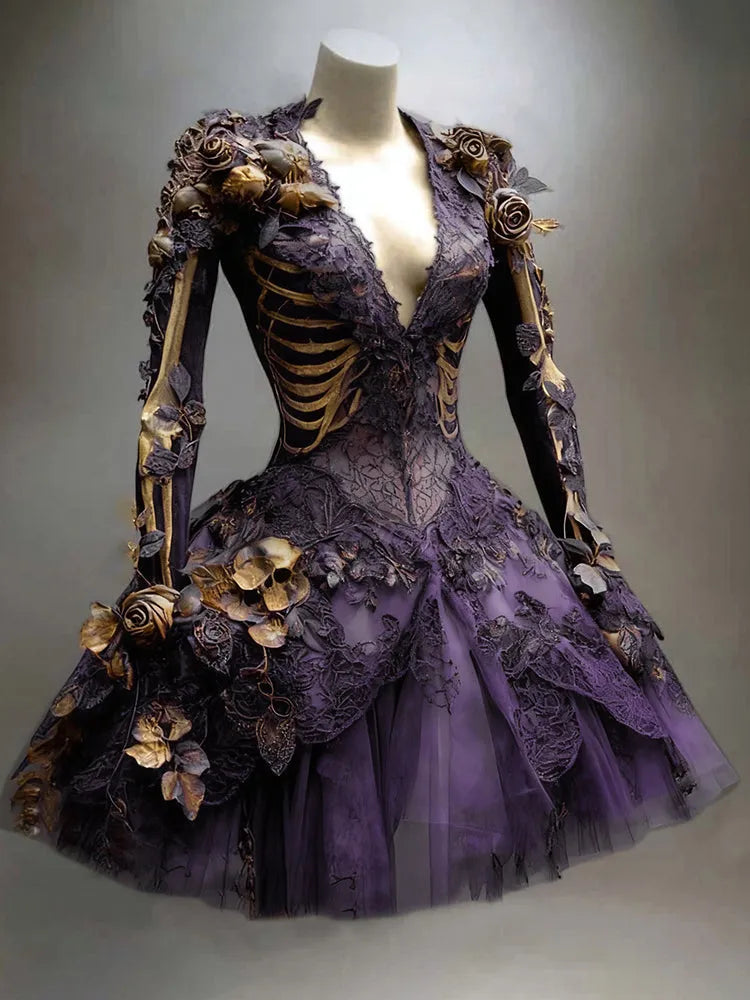 Women's Gothic Skeleton Long-Sleeve Mini Dress