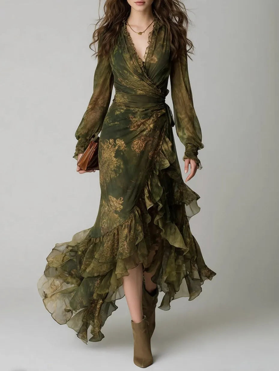Women's Green Floral Print V-Neck Long-Sleeve Wrap Maxi Dress