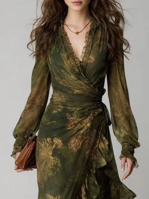Women's Green Floral Print V-Neck Long-Sleeve Wrap Maxi Dress