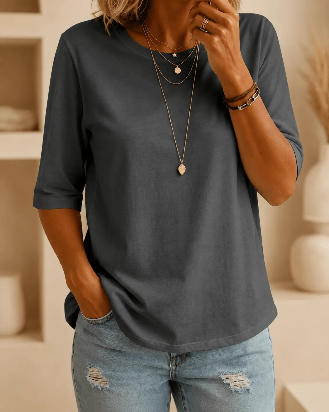 Women's Half-Sleeve Crew Neck T-Shirt with Relaxed Fit