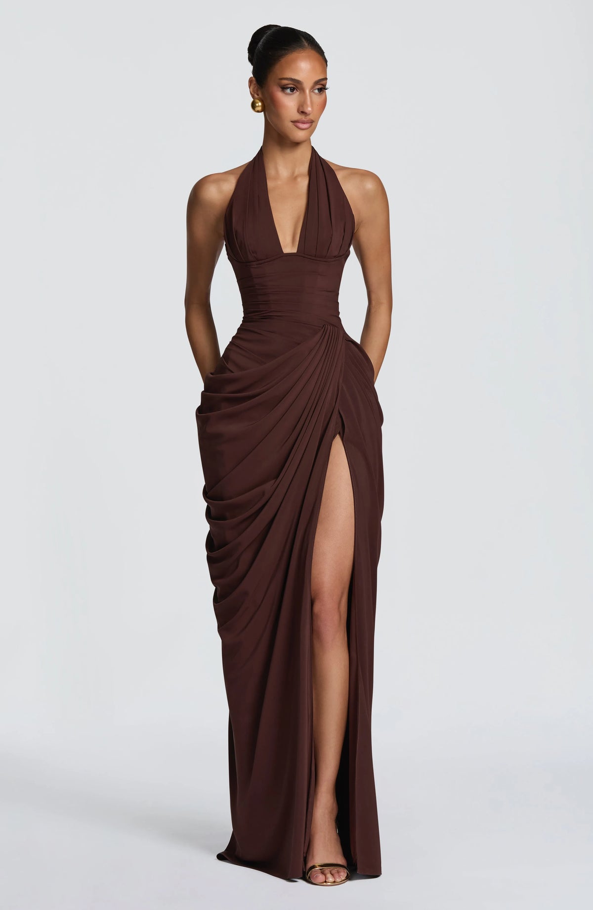 Women's Halter Neck Corset Maxi Dress with Chiffon Skirt