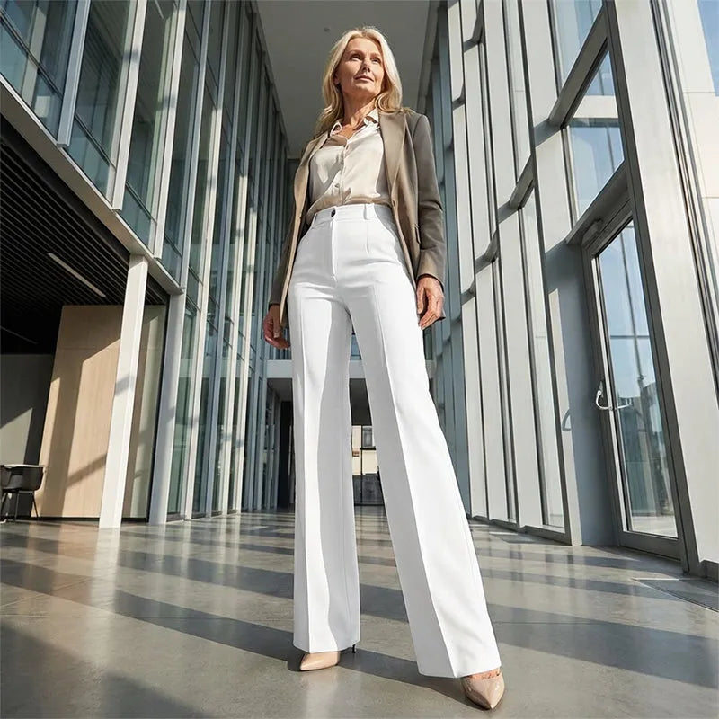 Women's High Waisted Elegant Straight Leg Trousers with Front Pleats