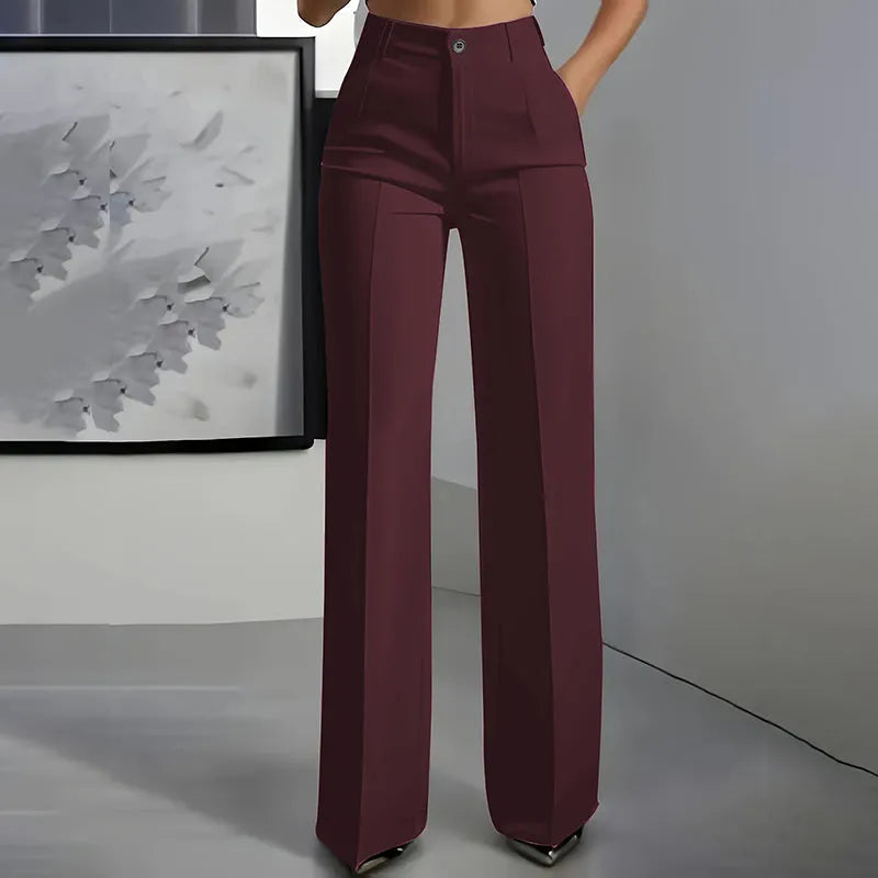 Women's High Waisted Elegant Straight Leg Trousers with Front Pleats