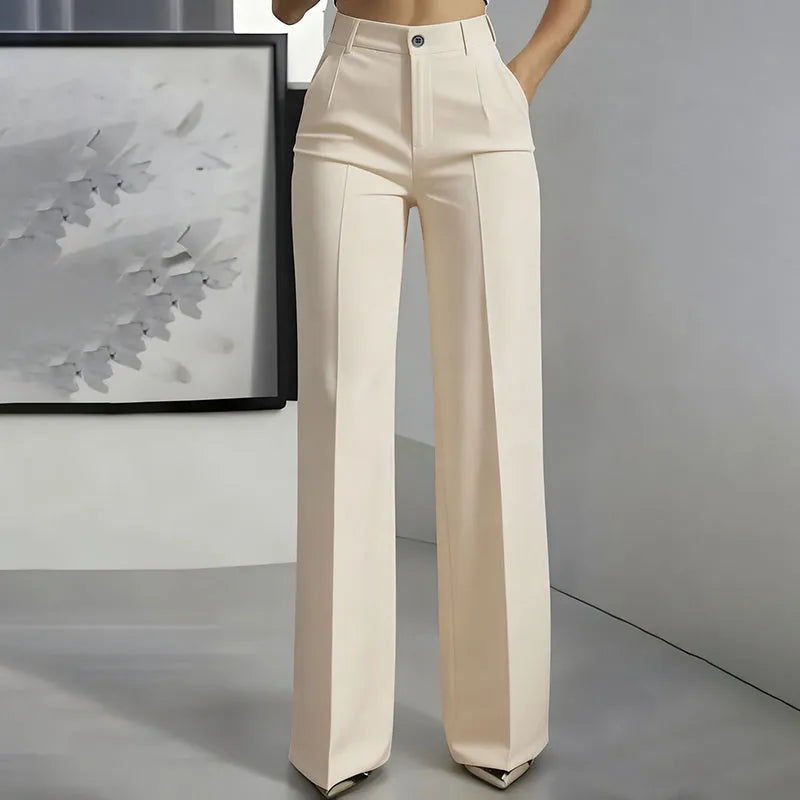 Women's High Waisted Elegant Straight Leg Trousers with Front Pleats
