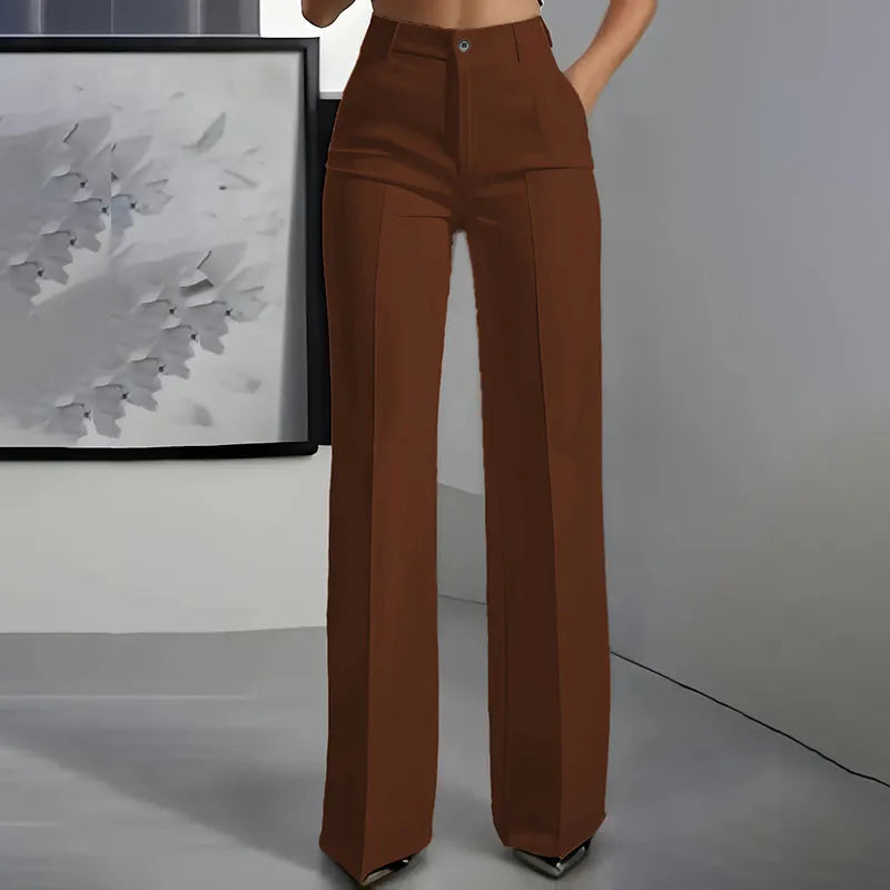 Women's High Waisted Elegant Straight Leg Trousers with Front Pleats